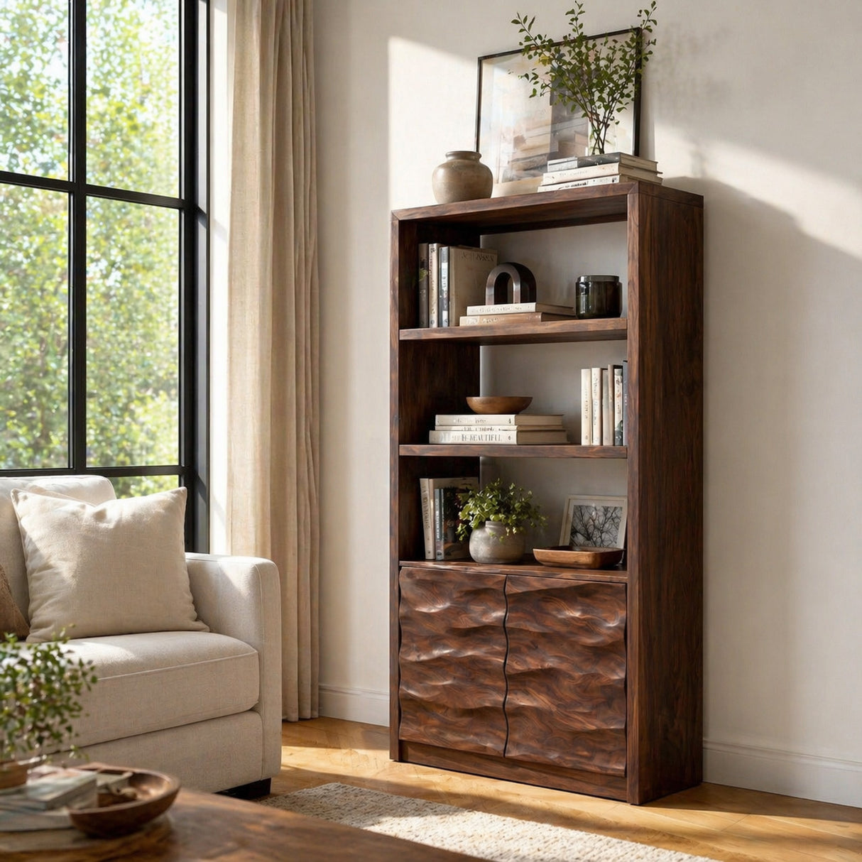 Minimal Wooden Bookshelf With Wavy Drawer Front For Home