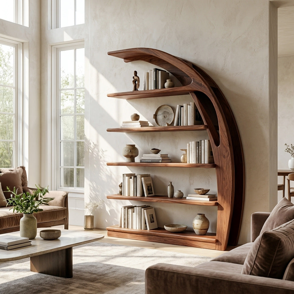 Minimal Curved Wooden Bookshelf For Living Room Display
