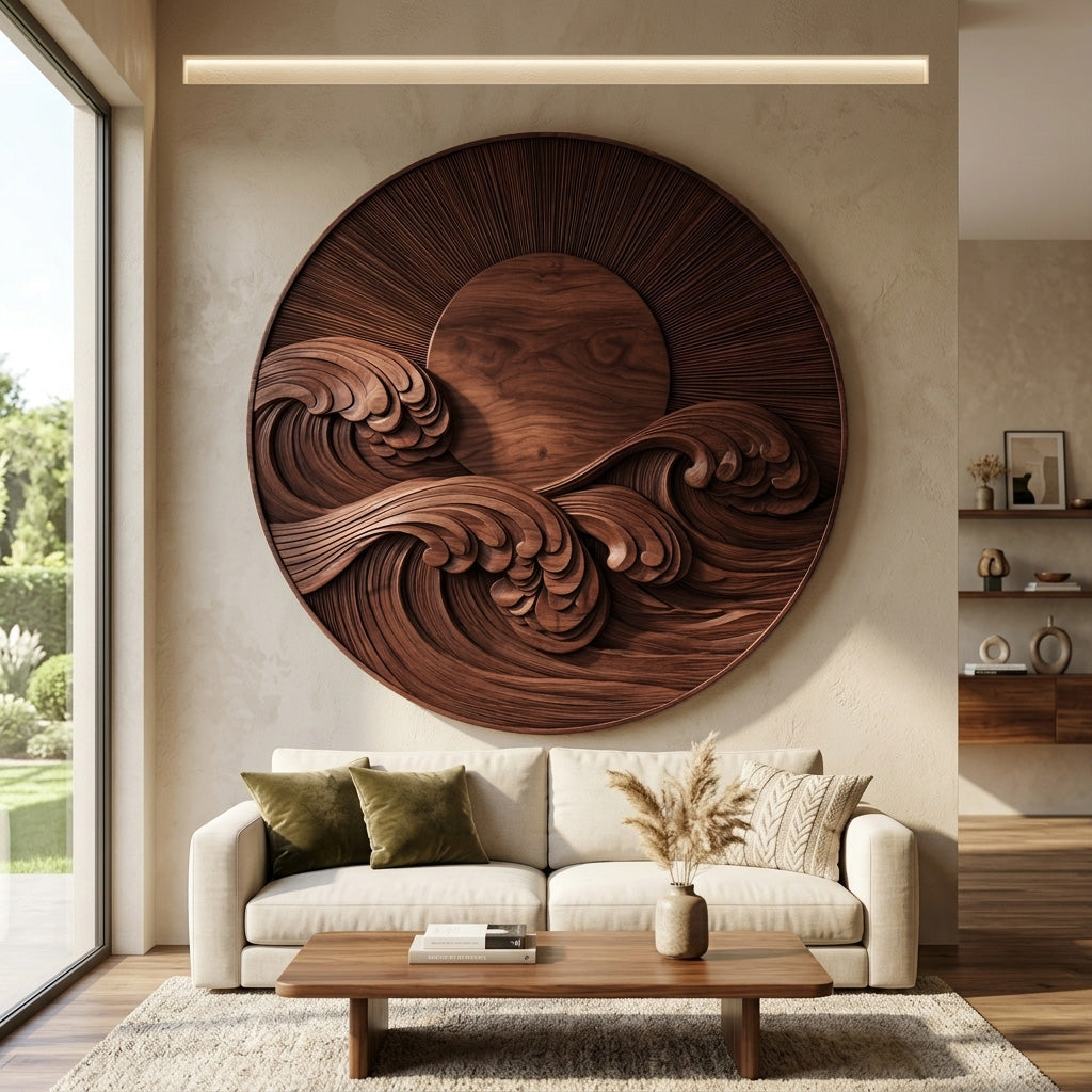 Modern Coastal Round Wave Wood Wall Art For Home