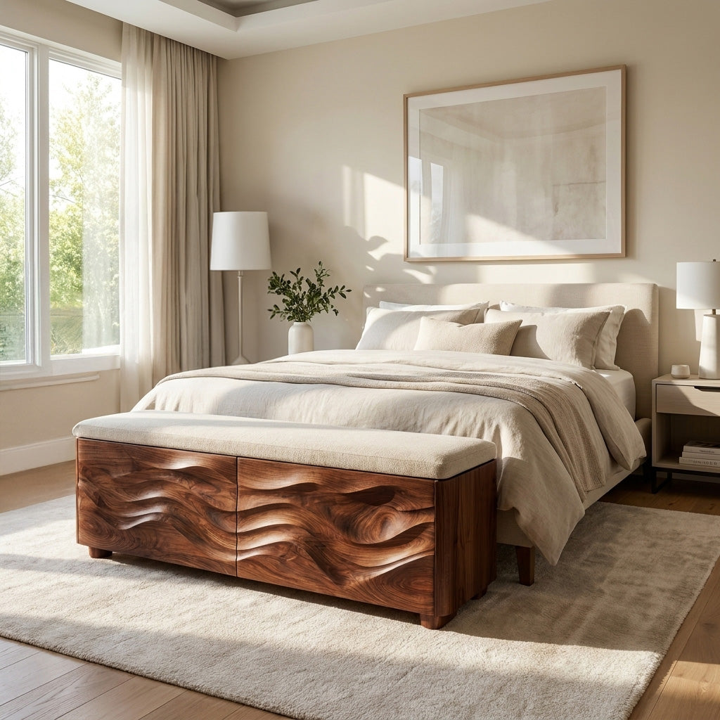 Organic Natural Wood Storage Bench For End Of Bed