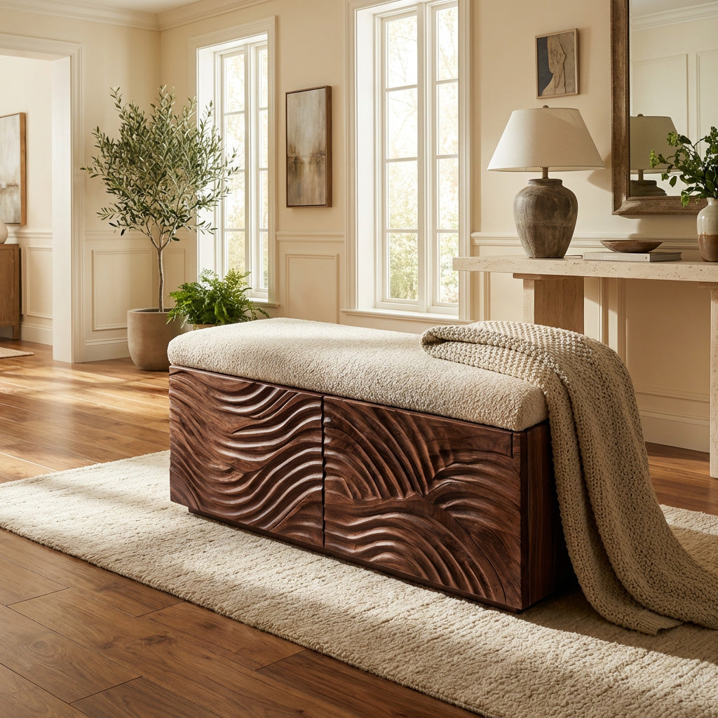 Mid Century Natural Wood Storage Bench For Bedroom Storage