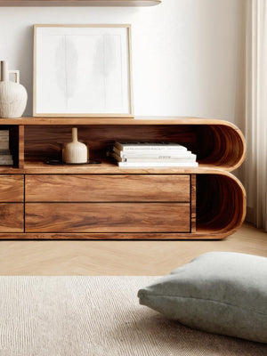 Rounded Edge Cabinet With Open Shelf For Living Room