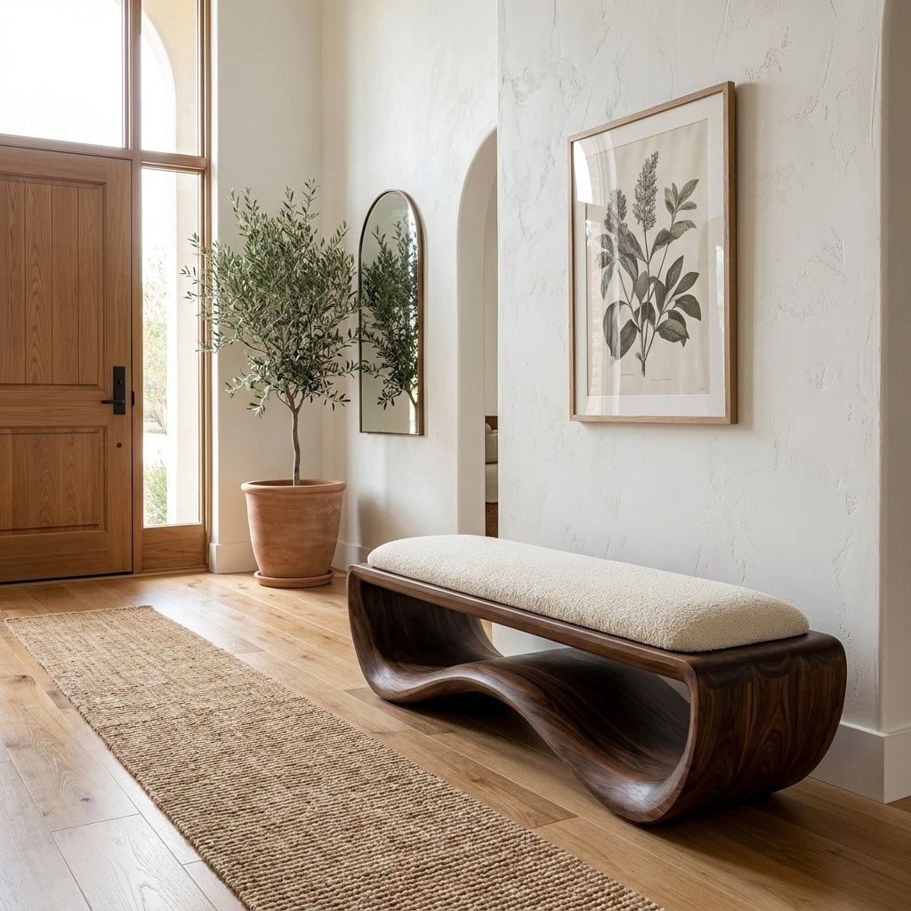 Minimalist Wood Bench With Flowing Base For Living Room Seating