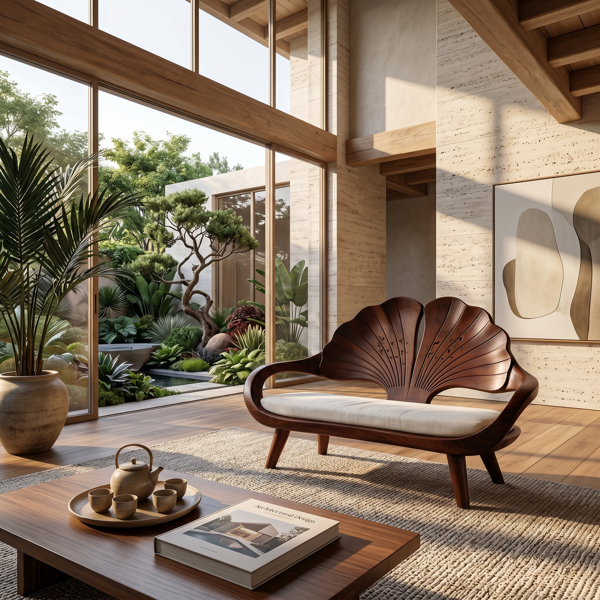 Minimalist Ginkgo Leaf Back Bench For Reading Interior Area