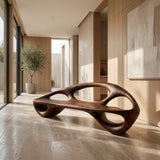 Minimalist Wood Bench With Sculptural Backrest For Living Room