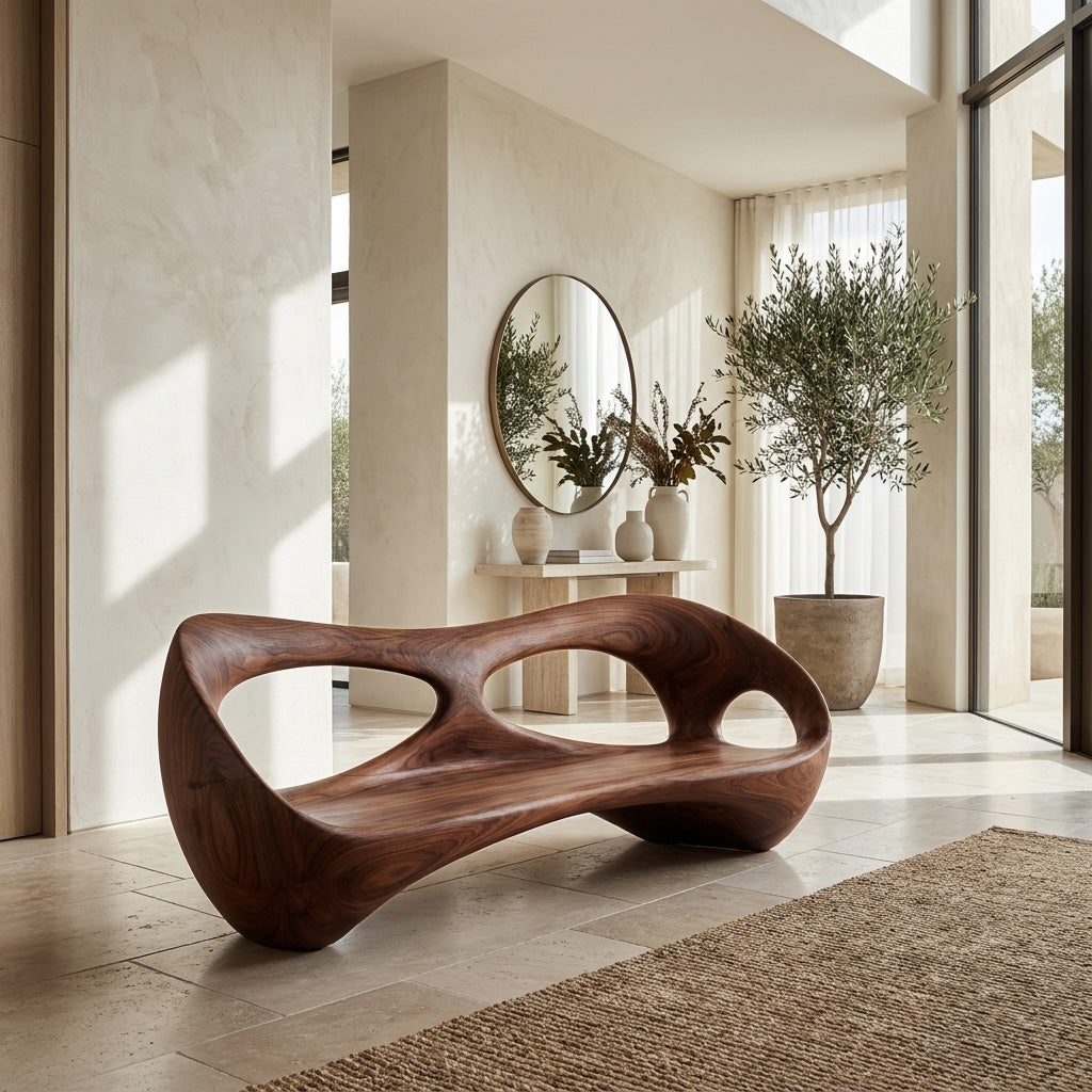 Organic Wooden Bench With Rounded Edges For Living Room