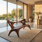 Artistic Wood Bench With Sculptural Backrest For Living Room