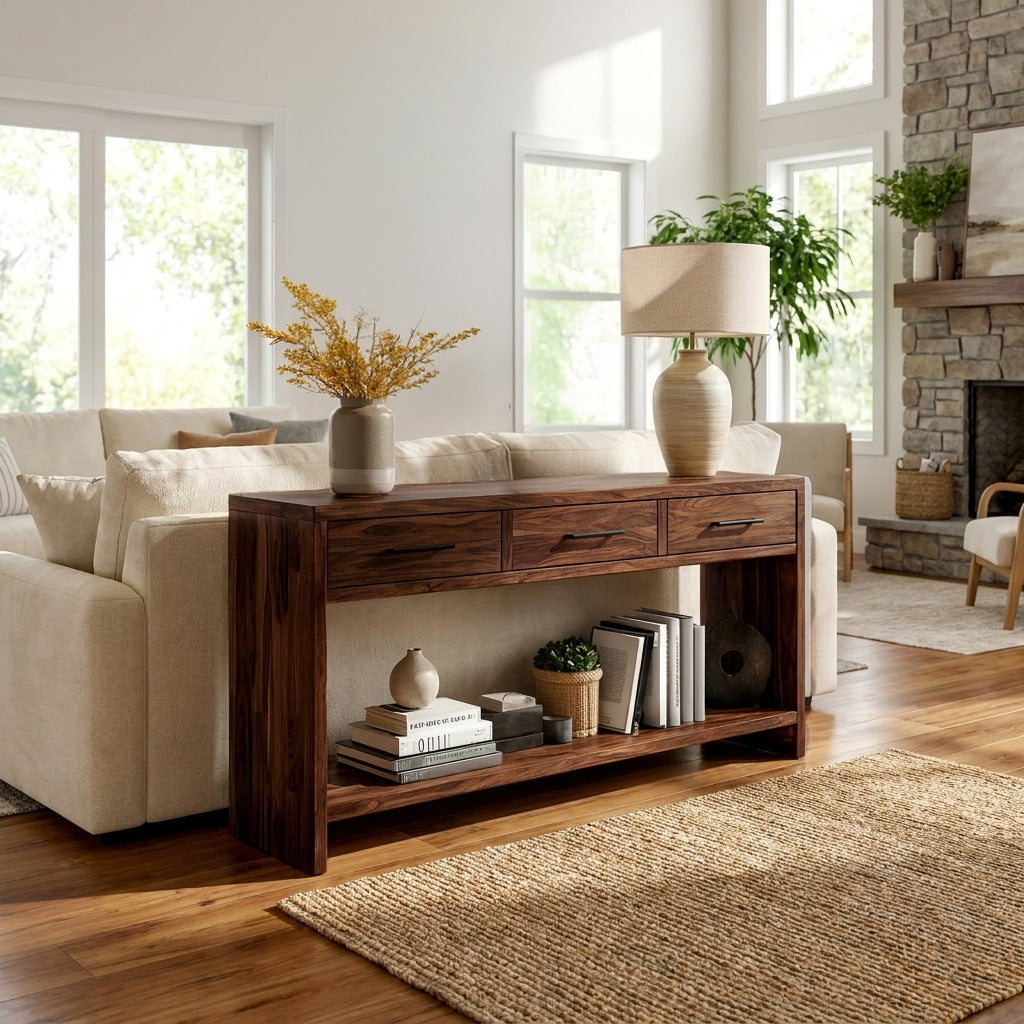 Handcrafted Wooden Console Table With Drawers For Living Room