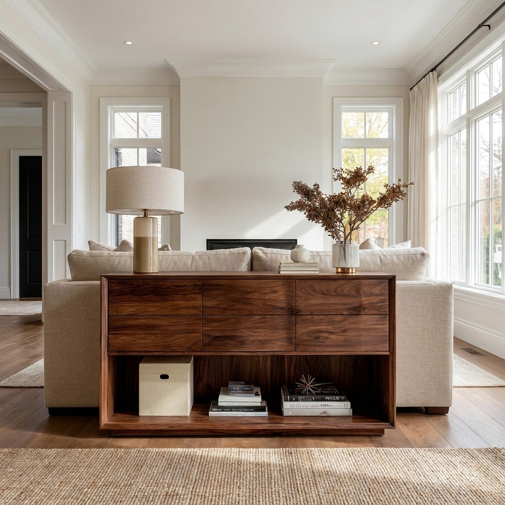 Minimal Wood Console Table With Multi Drawer For Entry Space