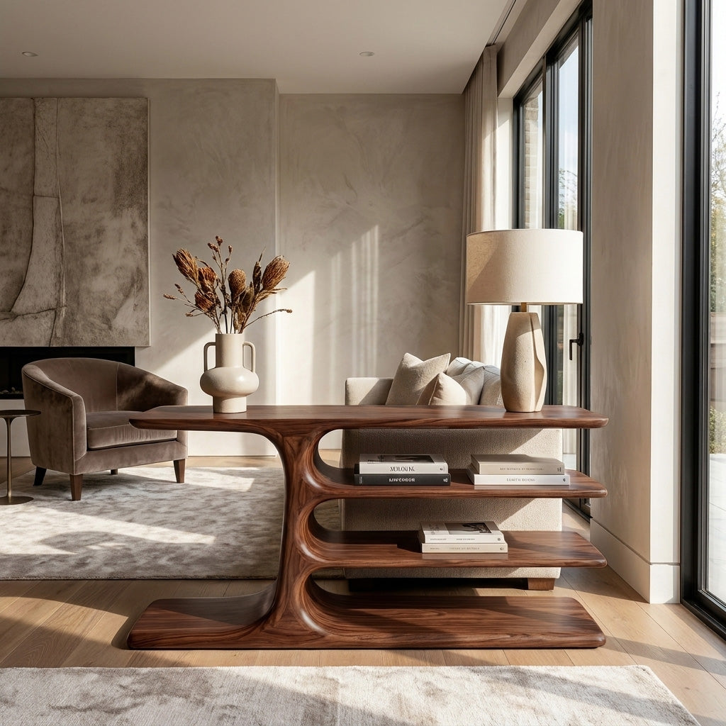 Organic Wooden Console Table With Layered Shelving For Hallway