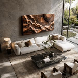Abstract Sculptural Wood Wall Art With Carved Landscape For Interior