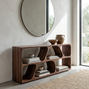 Organic Wood Console Table With Multiple Storage Compartments For Living