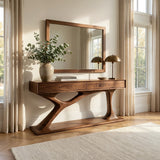 Contemporary Wooden Console Table With Sculptural Base For Living Room