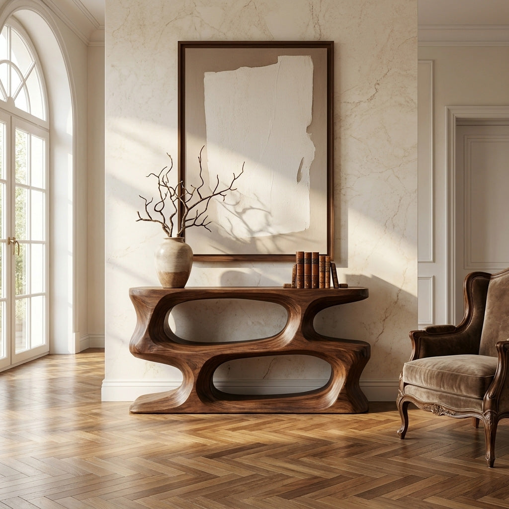 Minimal Sculptural Natural Wood Console Table For Living Room