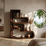 Contemporary Wave Edge Wooden Bookcase In Natural Finish