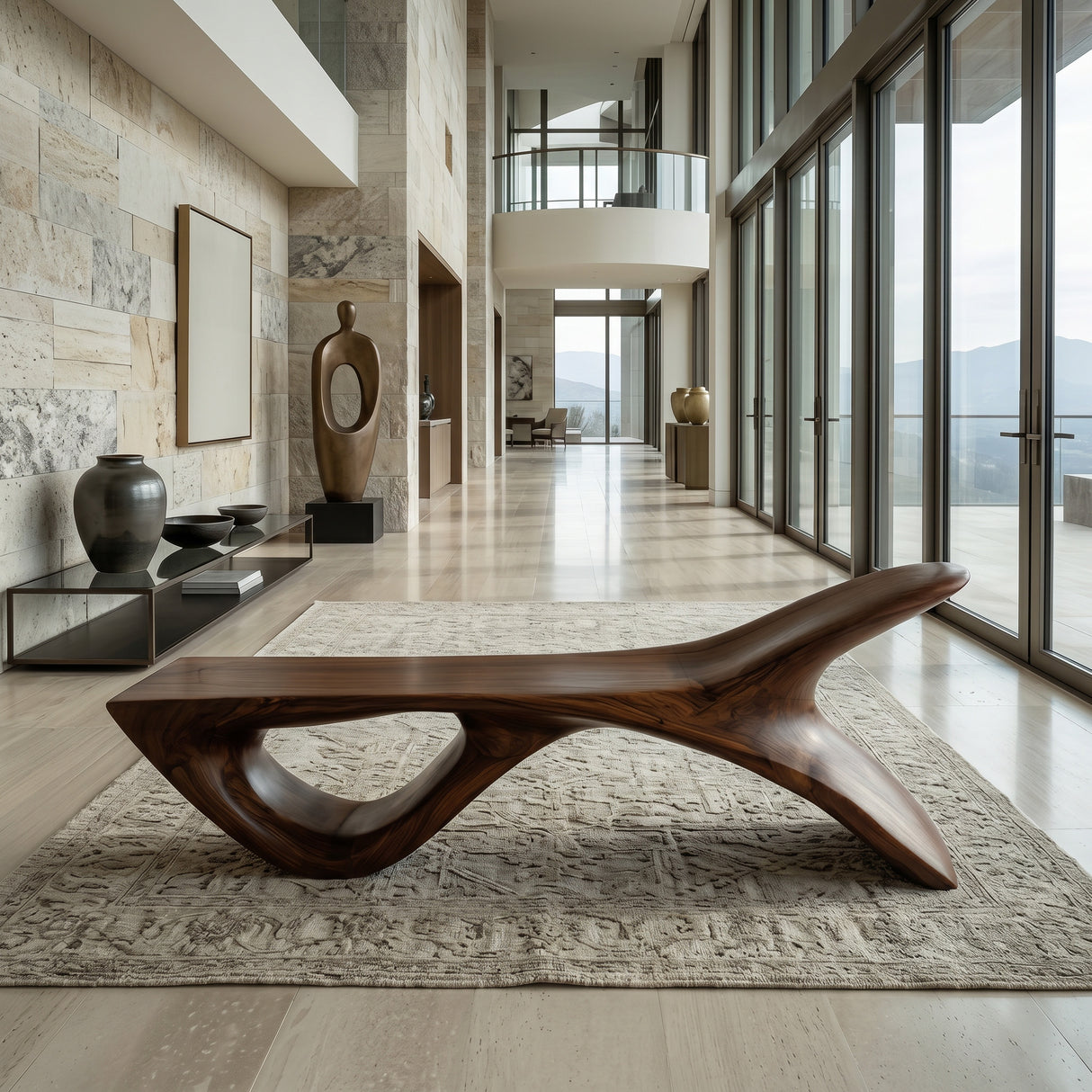 Luxury Wooden Bench With Fish Tail Shape For Living Room