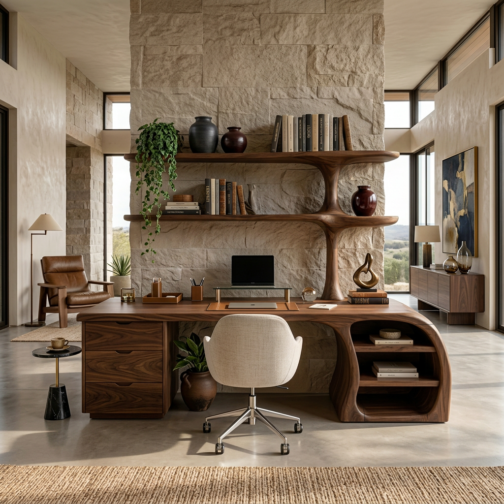 Organic Wood Desk With Sculptural Open Shelves For Home Workspace