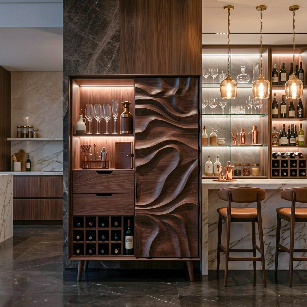 Sculptural Bar Cabinet With Wave Carved Doors For Kitchen