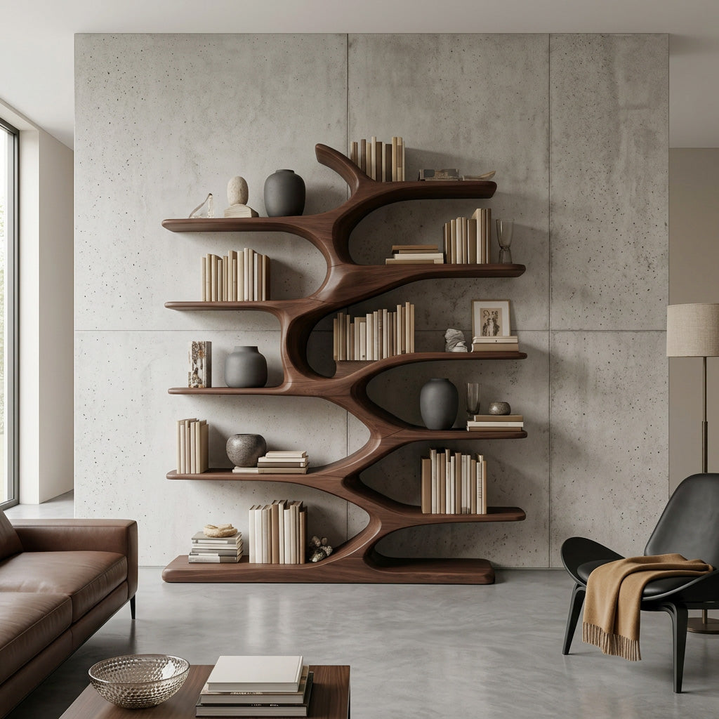 Modern Sculptural Bookshelf With Organic Design For Living Room