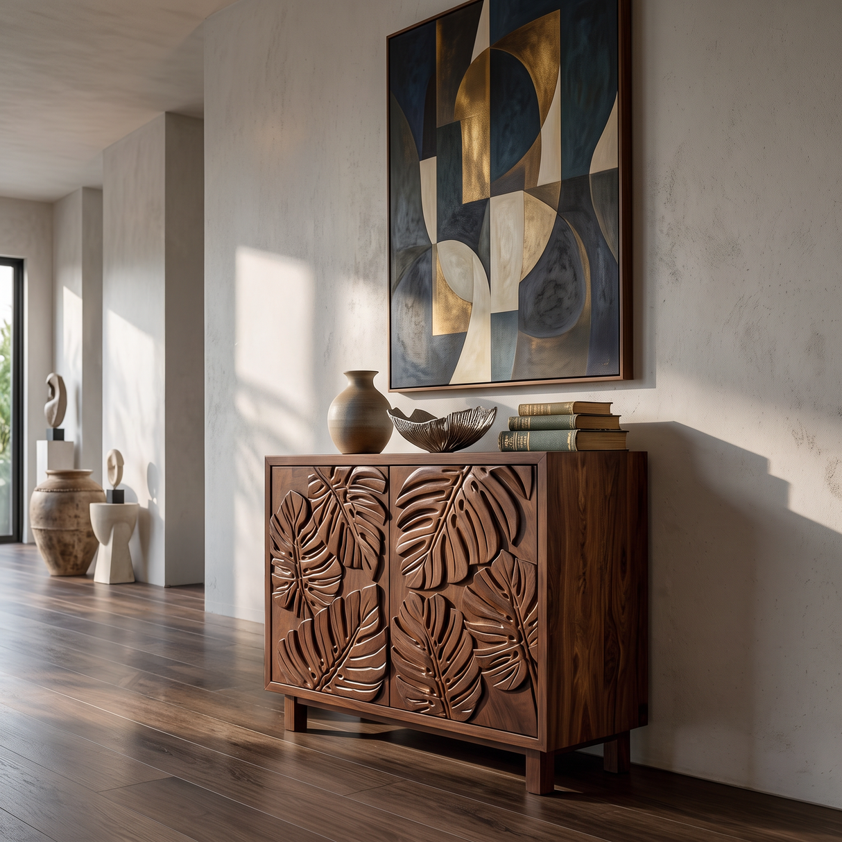 Modern Wooden Sideboard With Leaf Carved Doors For Home