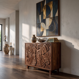 Modern Wooden Sideboard With Leaf Carved Doors For Home