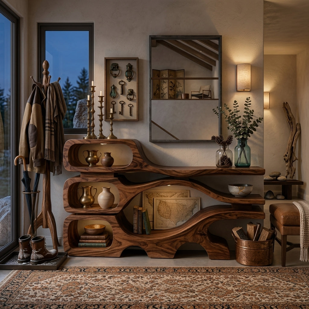 Rustic Wooden Console Table With Sculptural Hollow For Interior