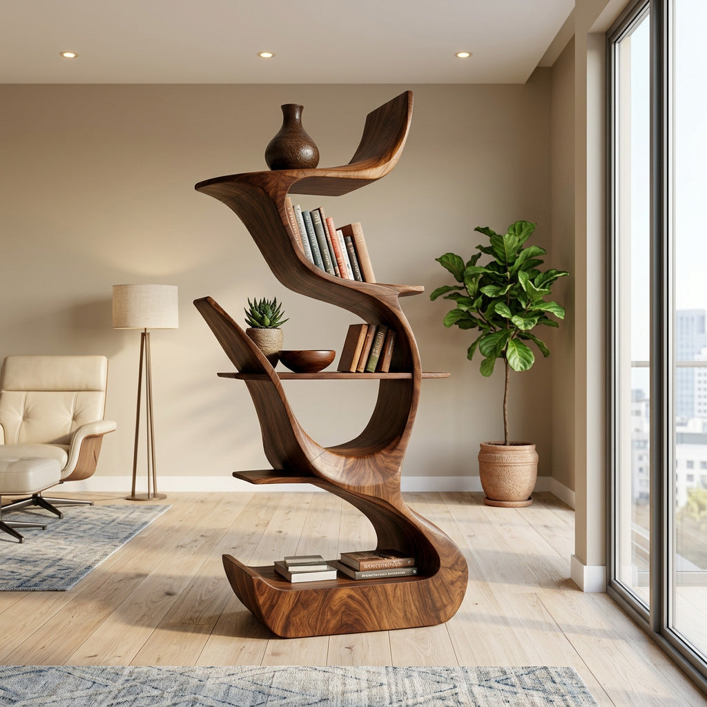 Contemporary Organic Wooden Bookshelf For Living Room Corner