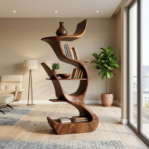 Contemporary Organic Wooden Bookshelf For Living Room Corner