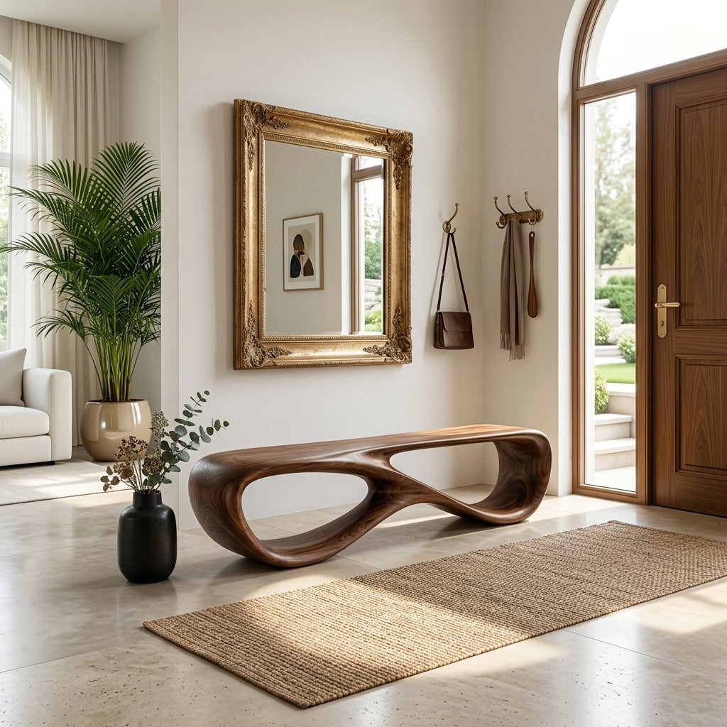 Minimalist Sculptural Wooden Bench For Entryway Decor