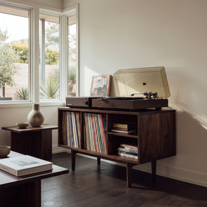 Minimalist Record Cabinet With Four Open Shelves For Interior