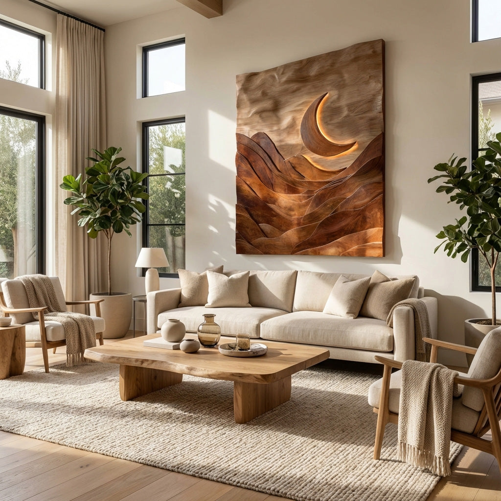 Large Crescent Moon Wood Wall Art For Living Room