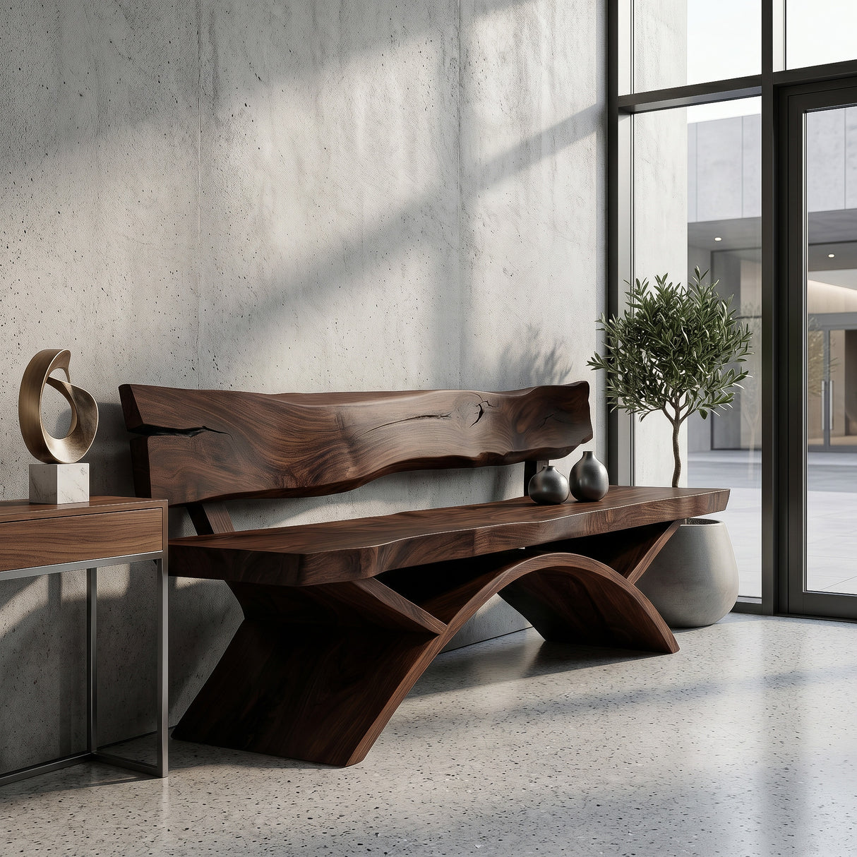 Organic Live Edge Bench With Sculptural Base For Entryway