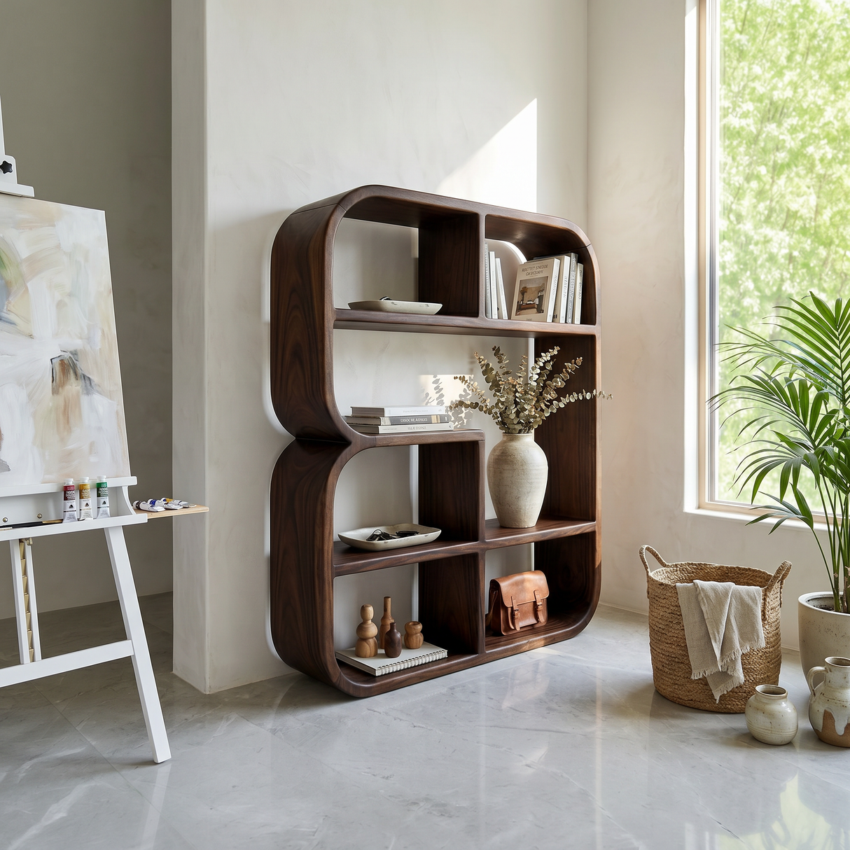 Modern Curved Wooden Bookshelf In Coastal Style