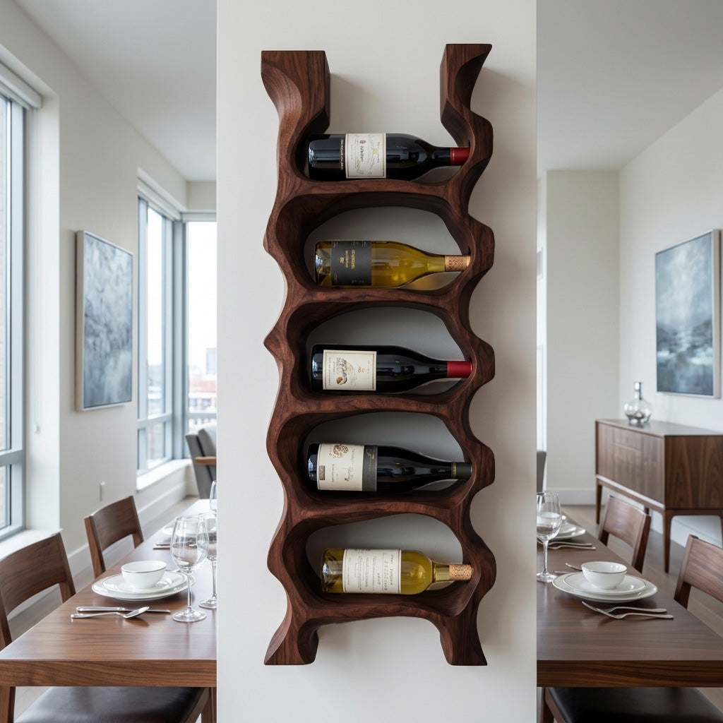 Modern Sculptural Wooden Wine Rack For Kitchen Wall Display