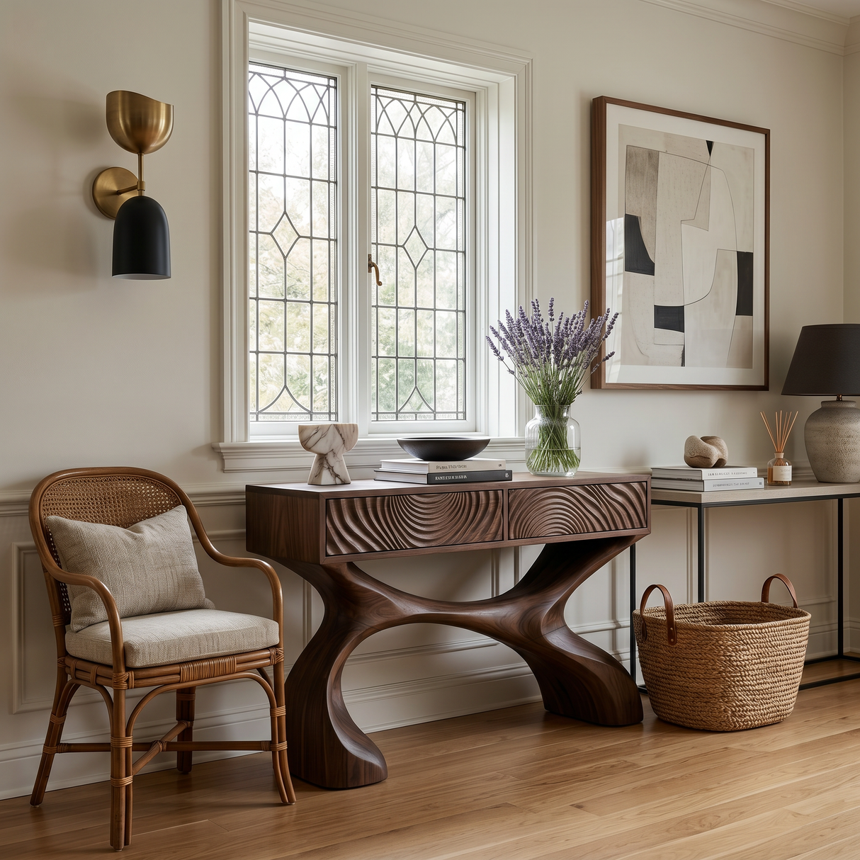 Contemporary Sculptural Wood Console Table For Hallway