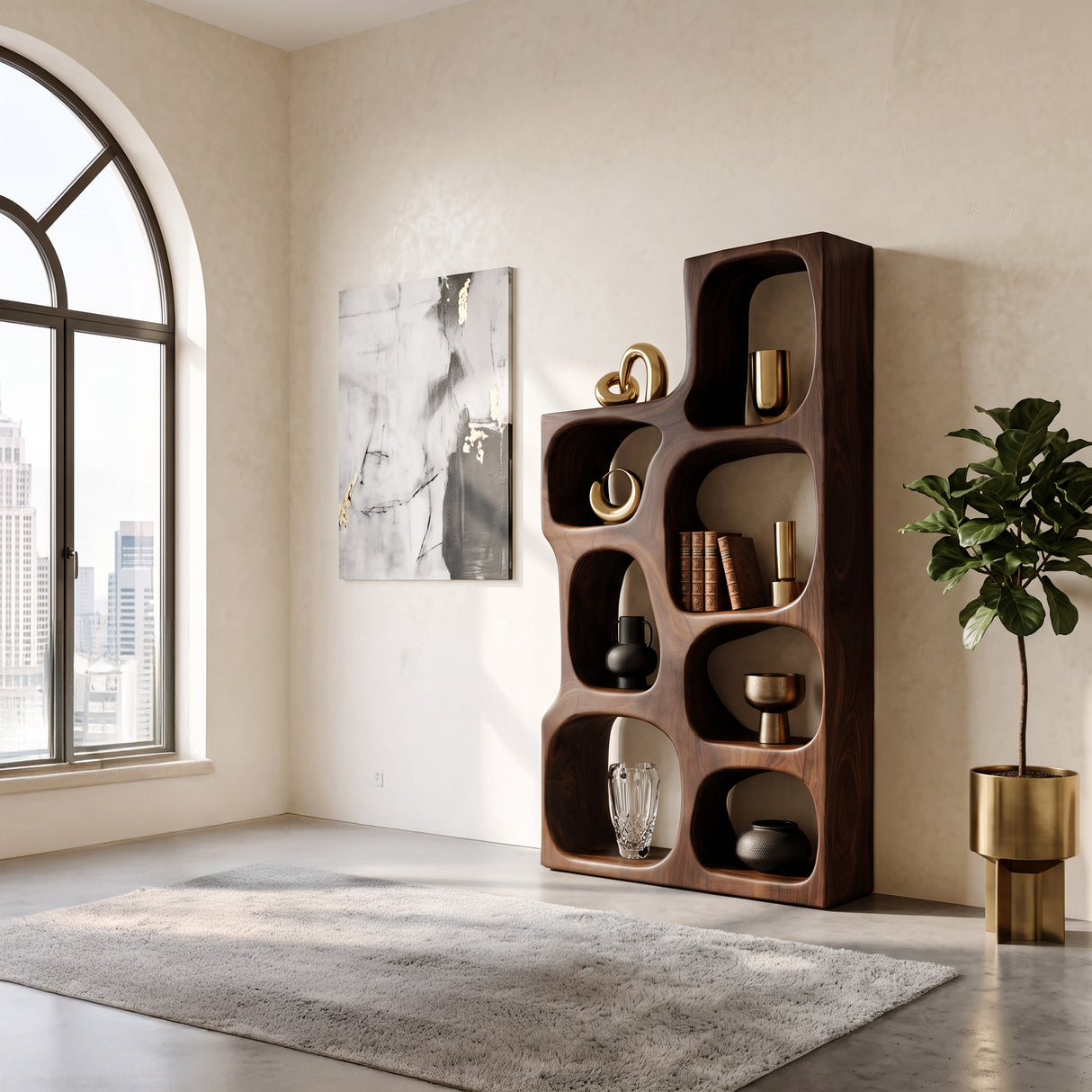 Organic Sculptural Wooden Bookshelf For Modern Living Room