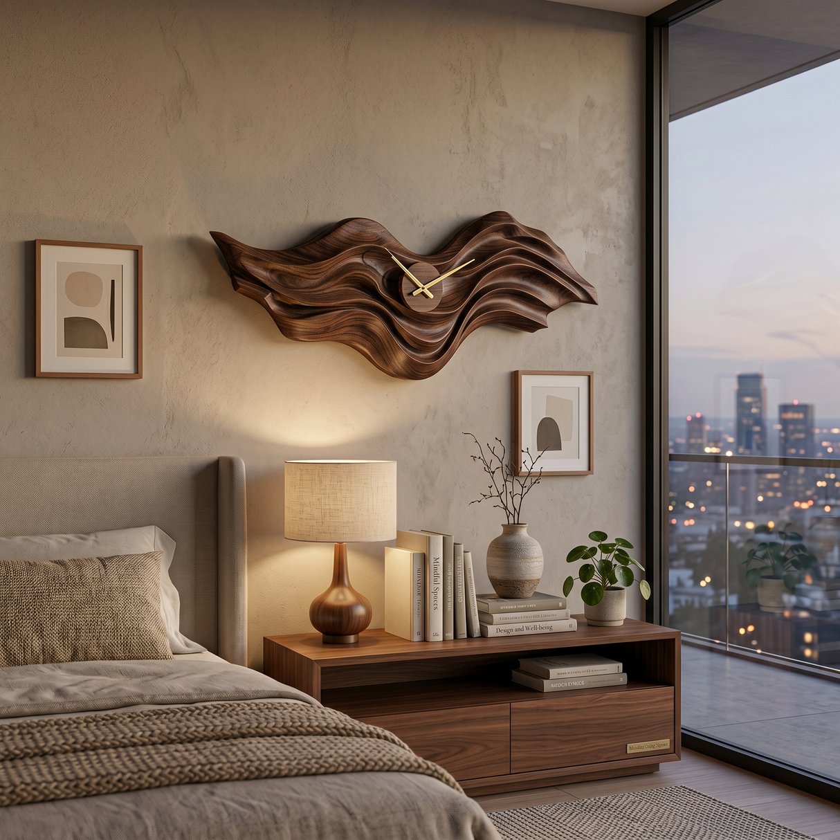 Organic Wood Wall Clock With Wave Sculpture For Living Interior