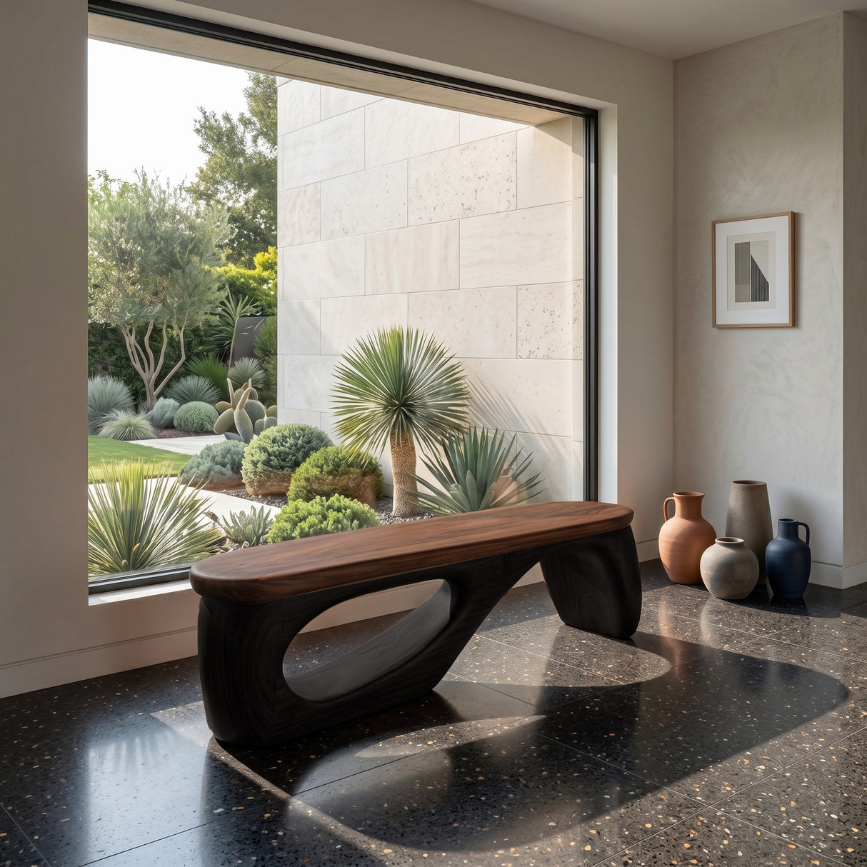 Organic Wooden Bench With Curved Black Base For Home