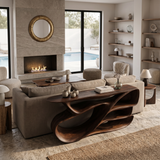 Organic Wooden Console Table With Hollow Compartments For Living Decor