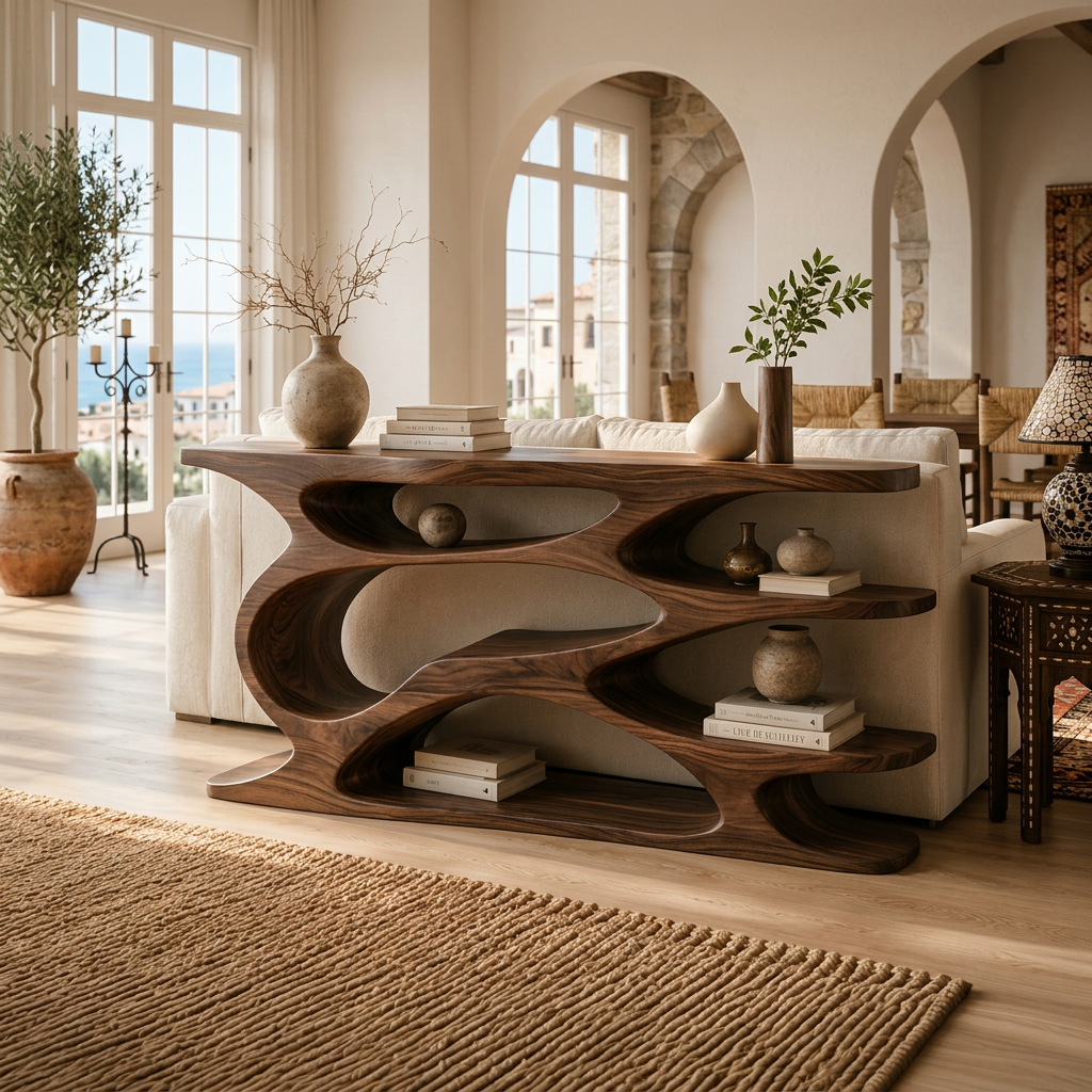 Rustic Wooden Console Table With Curved Open Storage For Living