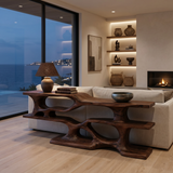 Wooden Console Table With Sculptural Open Shelves For Living