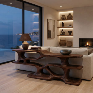 Wooden Console Table With Sculptural Open Shelves For Living