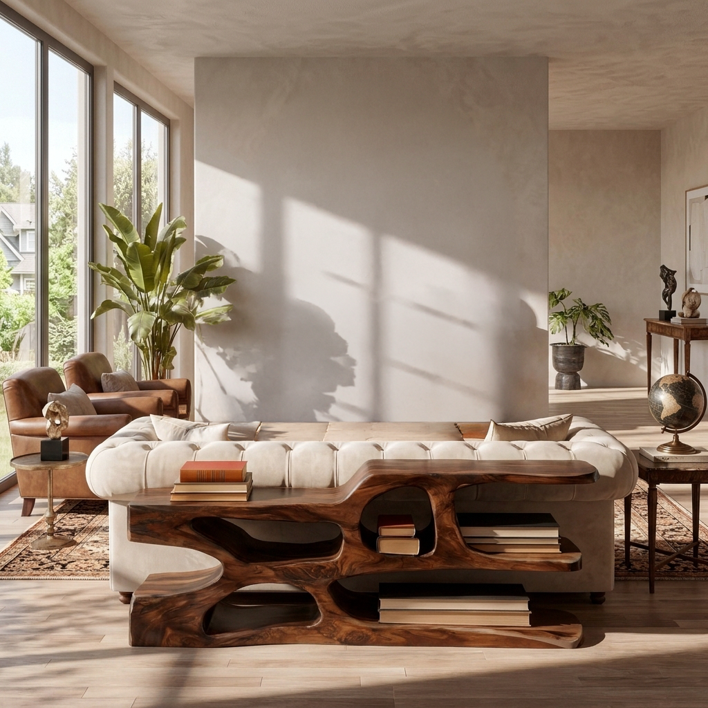 Modern Wooden Console Table With Flowing Open Storage For Home