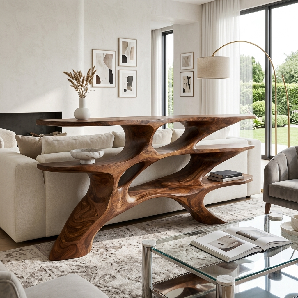 Minimalist Sculptural Wooden Console Table For Living Room