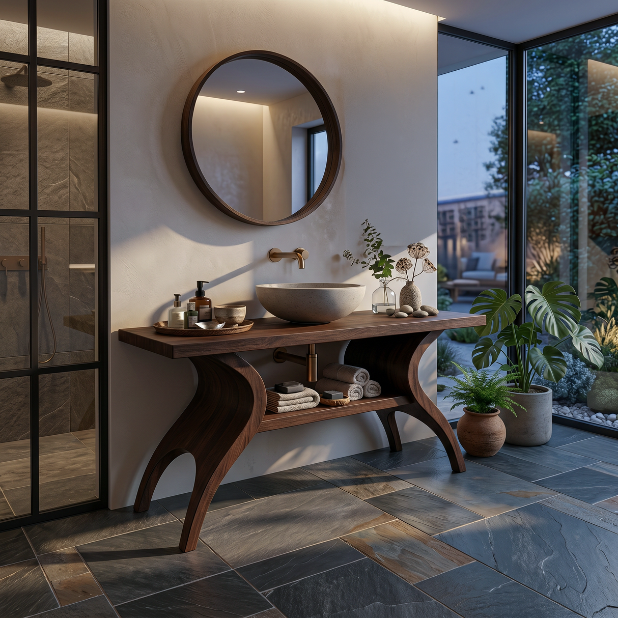 Organic Wooden Bathroom Vanity With Open Towel Shelf For Bath