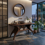 Organic Wooden Bathroom Vanity With Open Towel Shelf For Bath