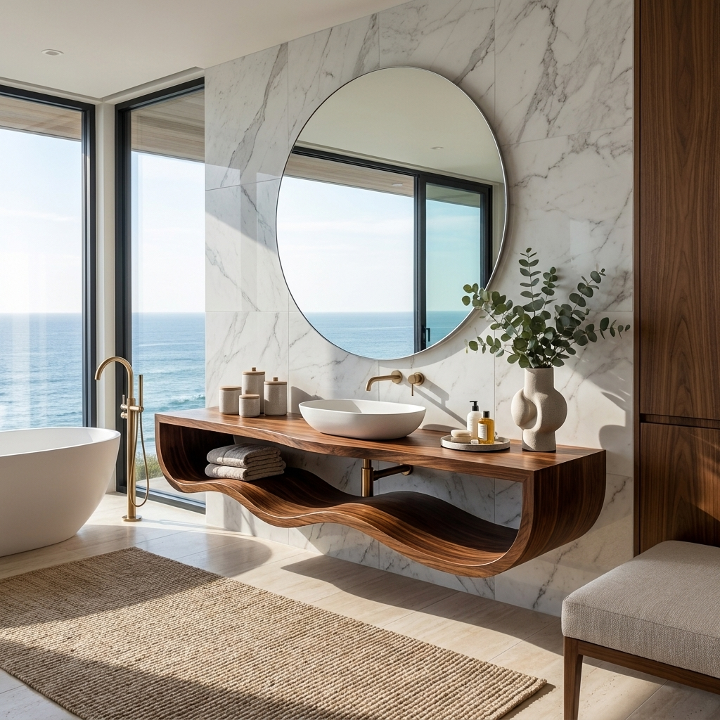 Wood Bathroom Vanity With Floating Wave Shelf For Modern Bath