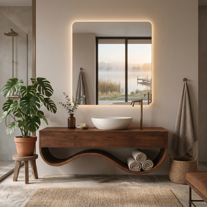 Luxury Bathroom Vanity Cabinet With Undulating Open Shelf For Bath