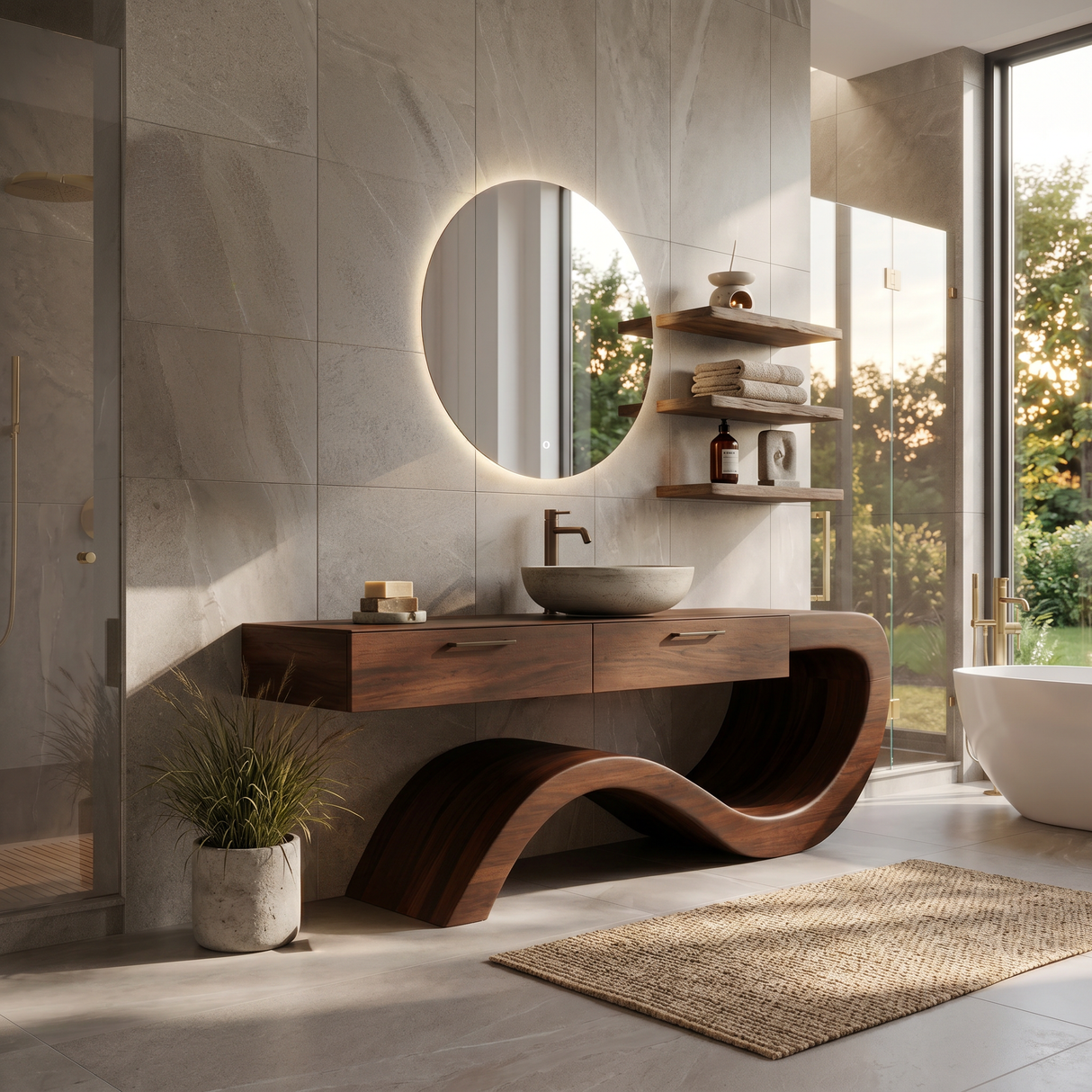 Modern Wood Bathroom Vanity With Sculptural Wave Base For Bath
