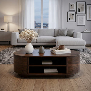Modern Oval Coffee Table With Open Shelves For Living Room